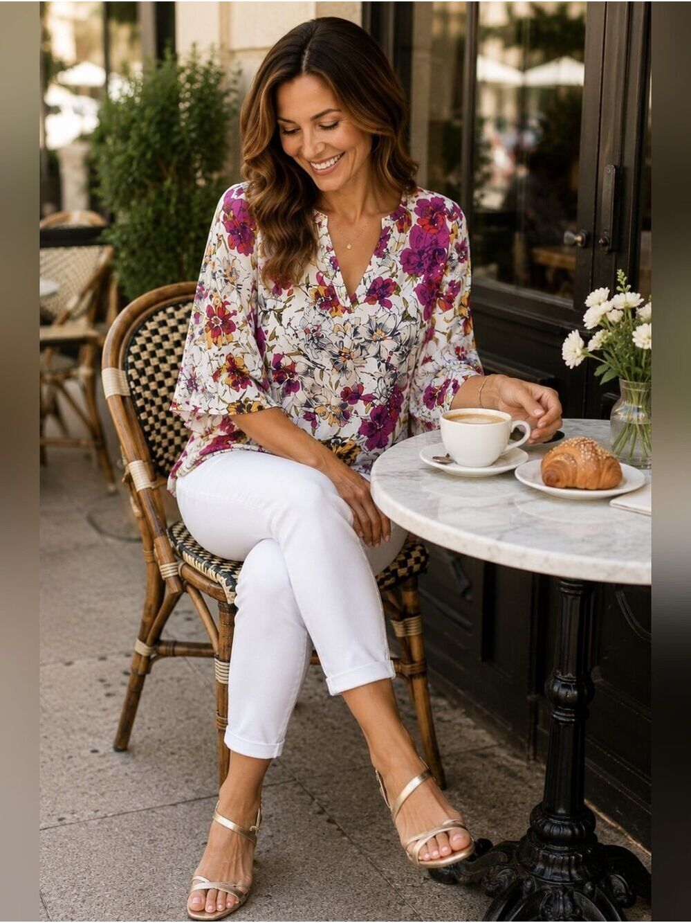 Veronica M Floral Blouse S White Pink Bell Sleeve High Low Split Neck Top